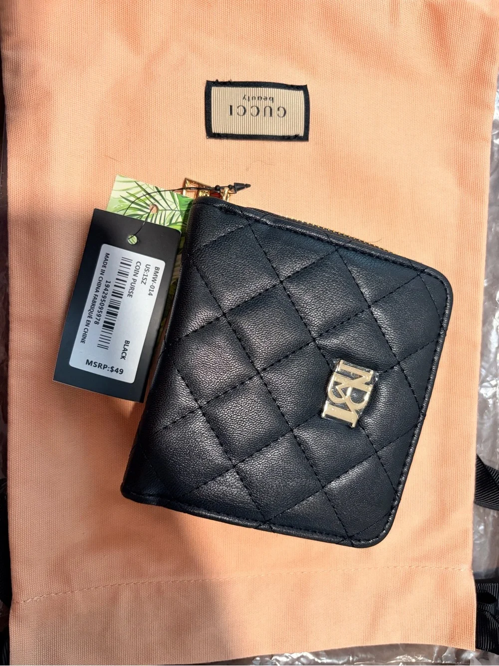 Black Quilted Zip-Around Wallet with Gold Logo